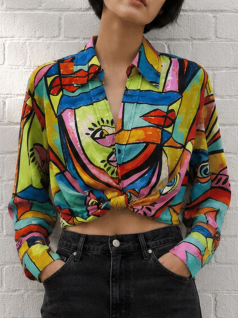 Live 4 Truth Abstract Face Print Tie Front Crop Top Button Front Blouse Medium